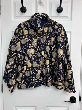 Vintage R&R Sport Navy Bomber Jacket with Gold Rose & Medallion Print